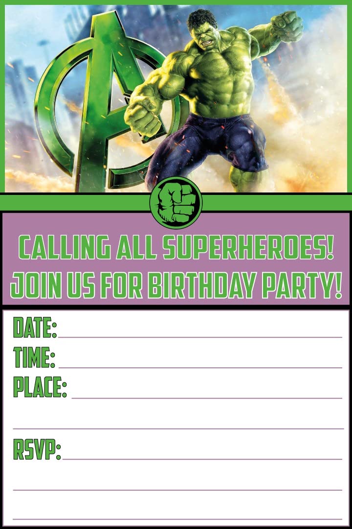Set of 20 Hulk Birthday Invitation Cards & Envelopes