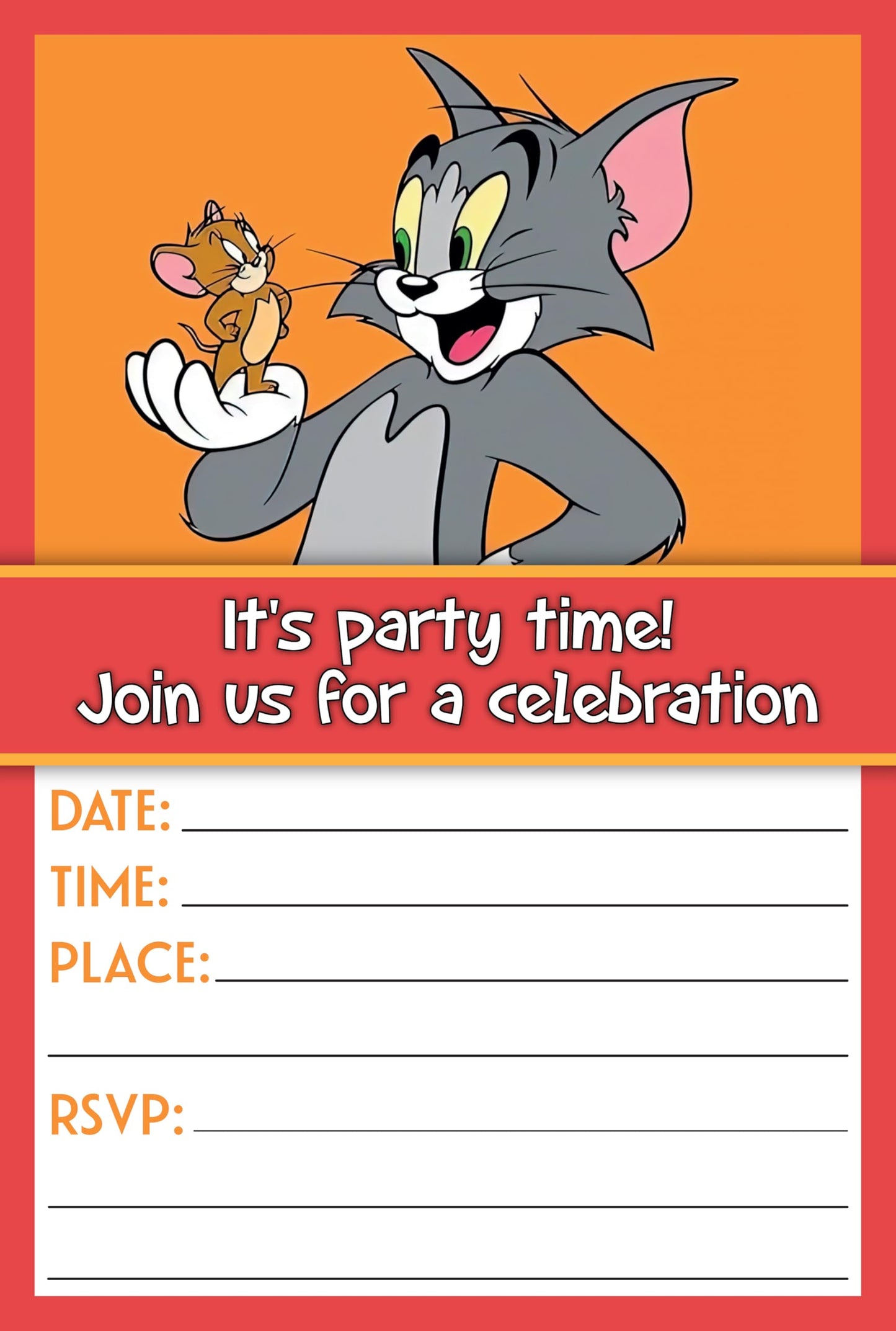 Set of 20 Tom and Jerry Birthday Invitation Cards & Envelopes