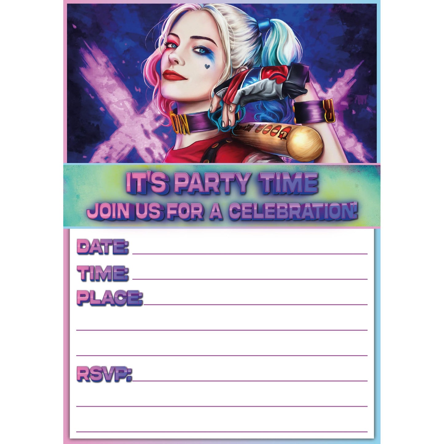 Set of 20 Harly queen Birthday Invitation Cards & Envelopes