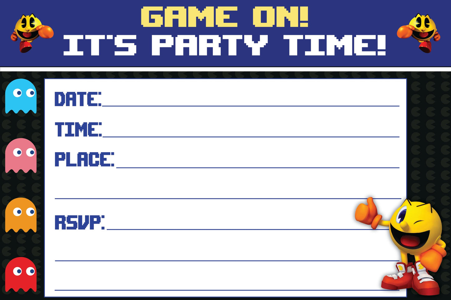 Set of 20 Pacman Birthday Invitation Cards & Envelopes