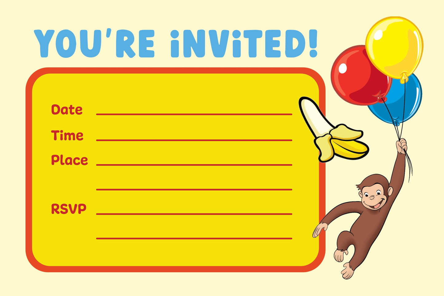 Set of 20 Curious george Birthday Invitation Cards & Envelopes
