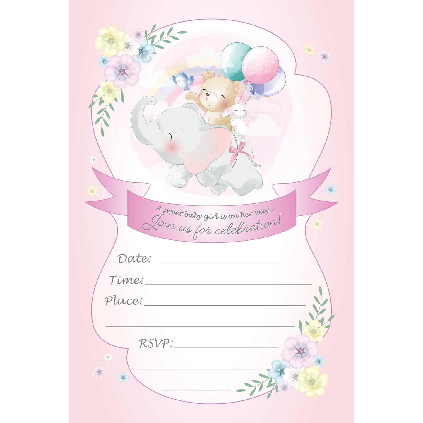 Set of 20 Baby Shower Girl Birthday Invitation Cards & Envelopes