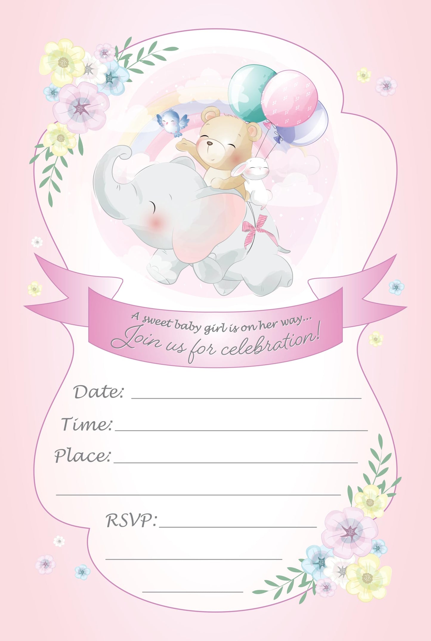 Set of 20 Baby Shower Girl Birthday Invitation Cards & Envelopes