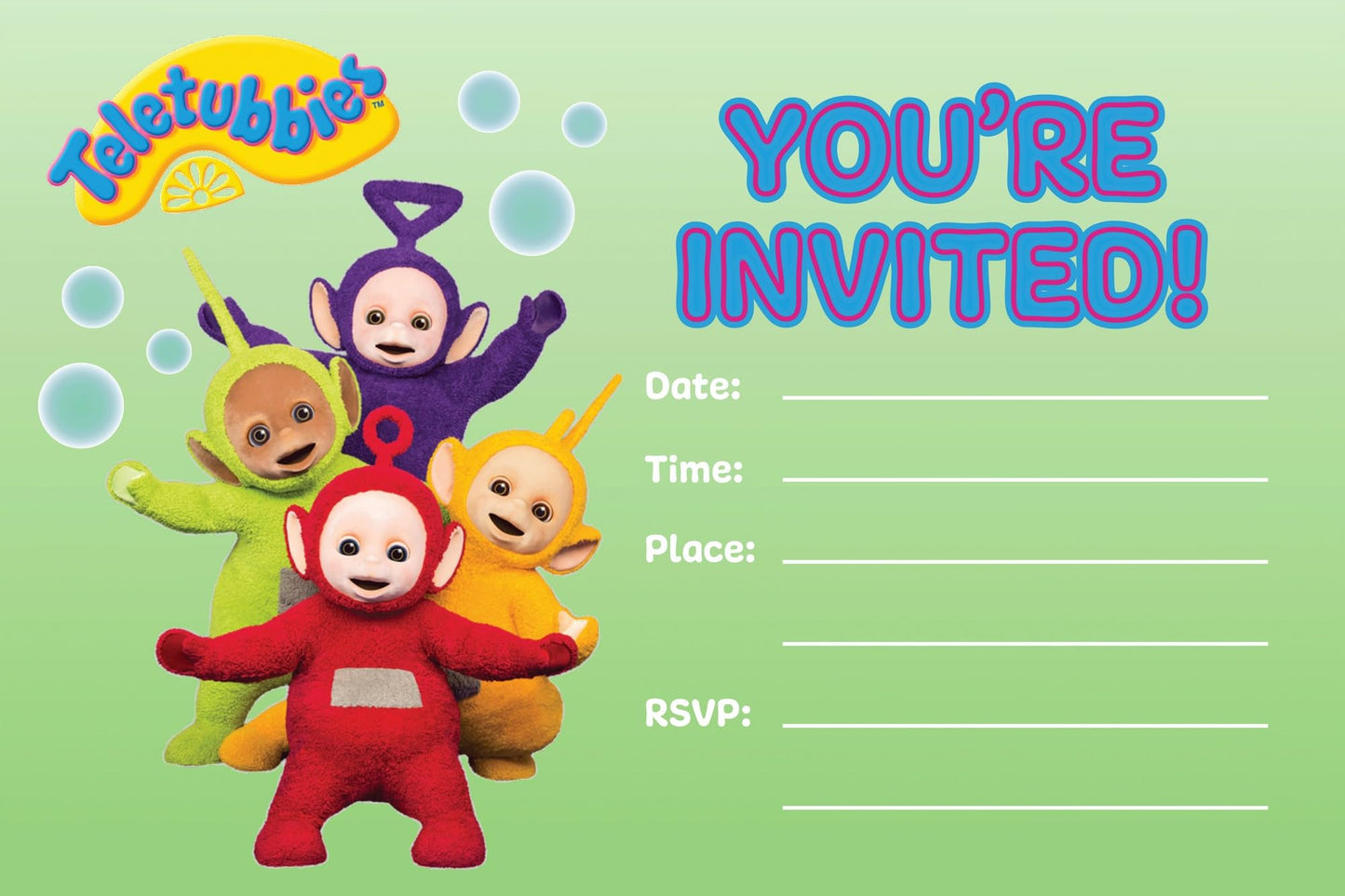 Set of 20 teletubbies Birthday Invitation Cards & Envelopes