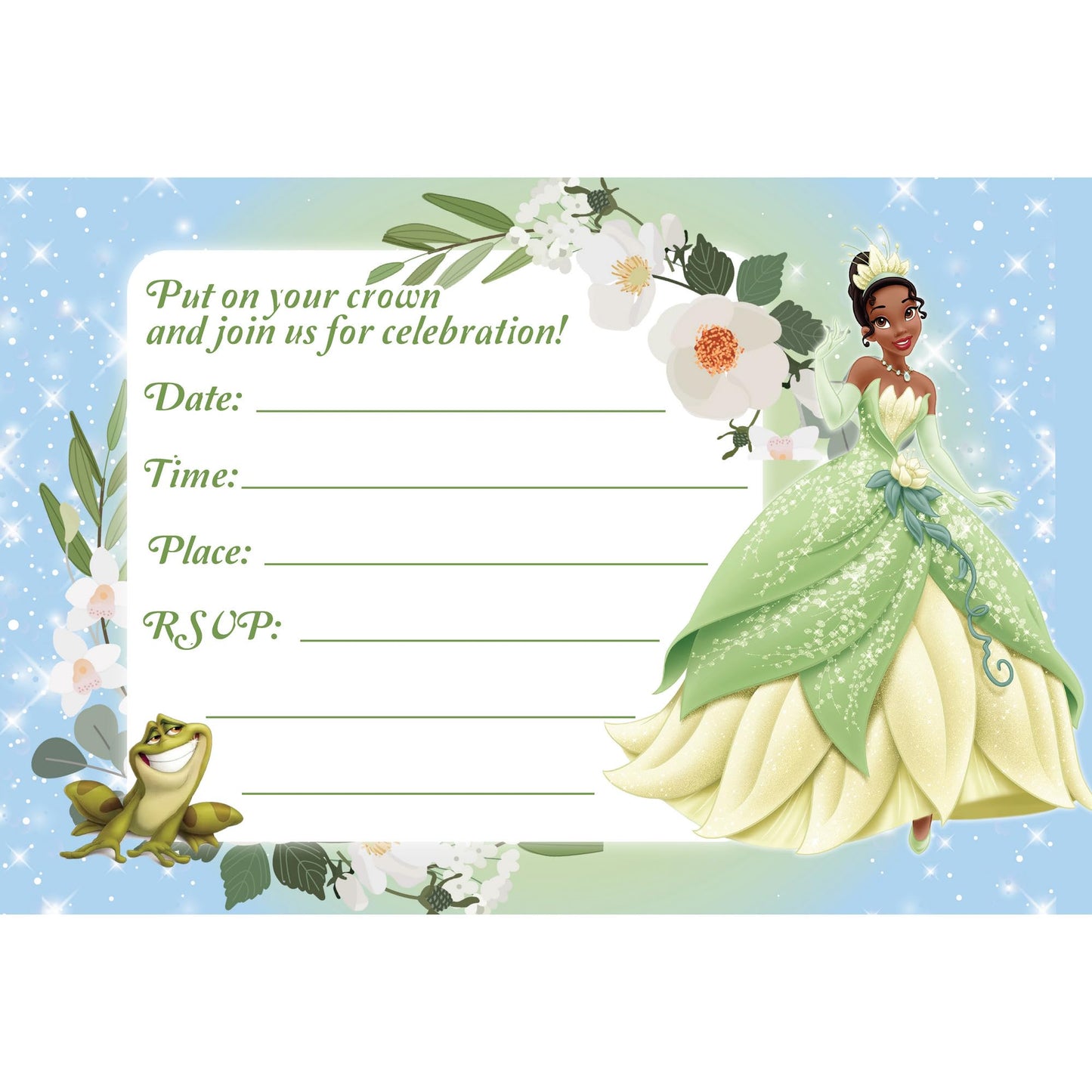 Set of 20 Tiana Princess Birthday Invitation Cards & Envelopes