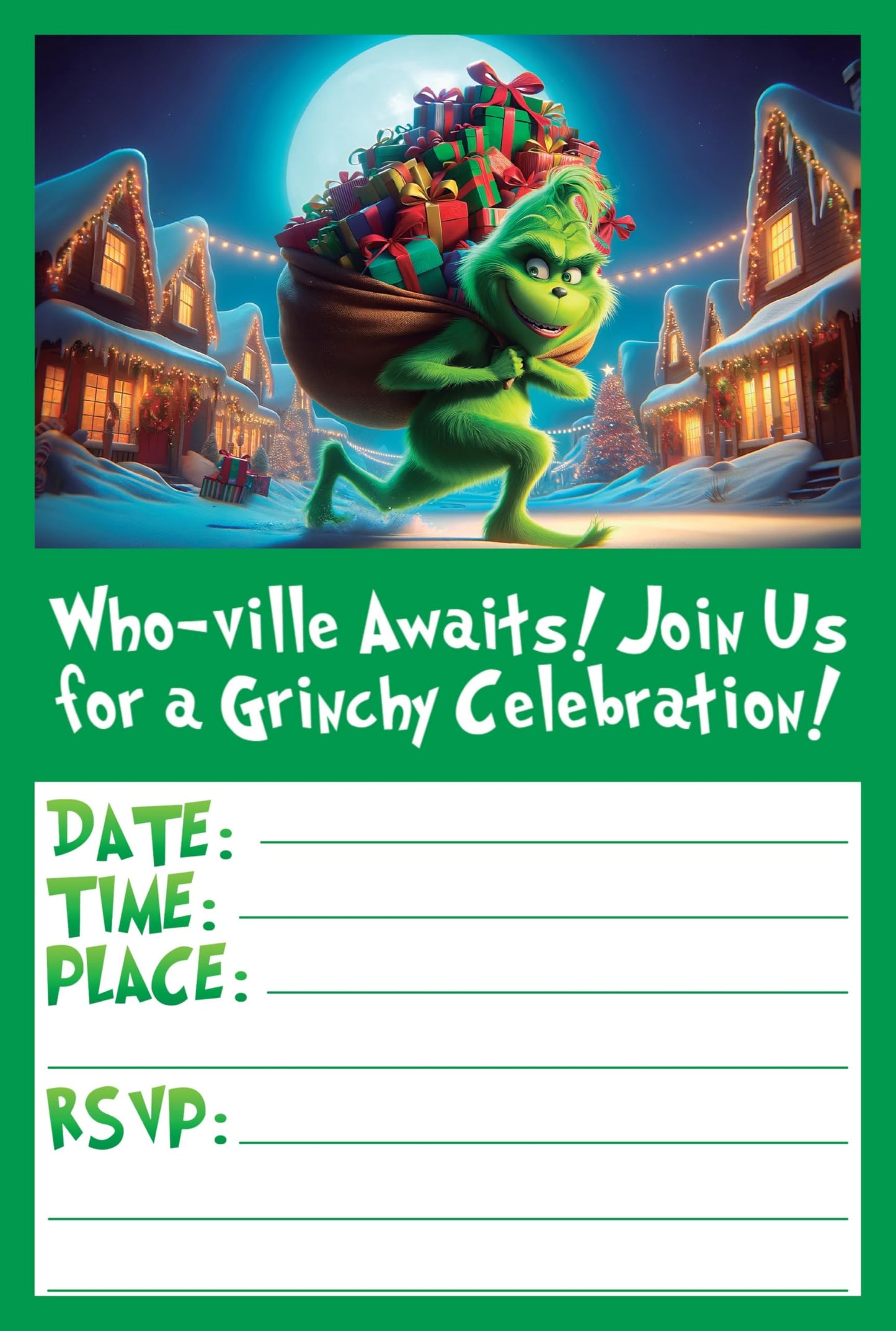 Set of 20 The Grinch Birthday Invitation Cards & Envelopes