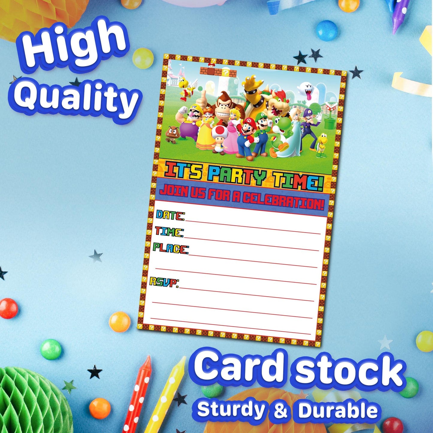 Set of 30 Super Mario Birthday Invitation Cards & Envelopes