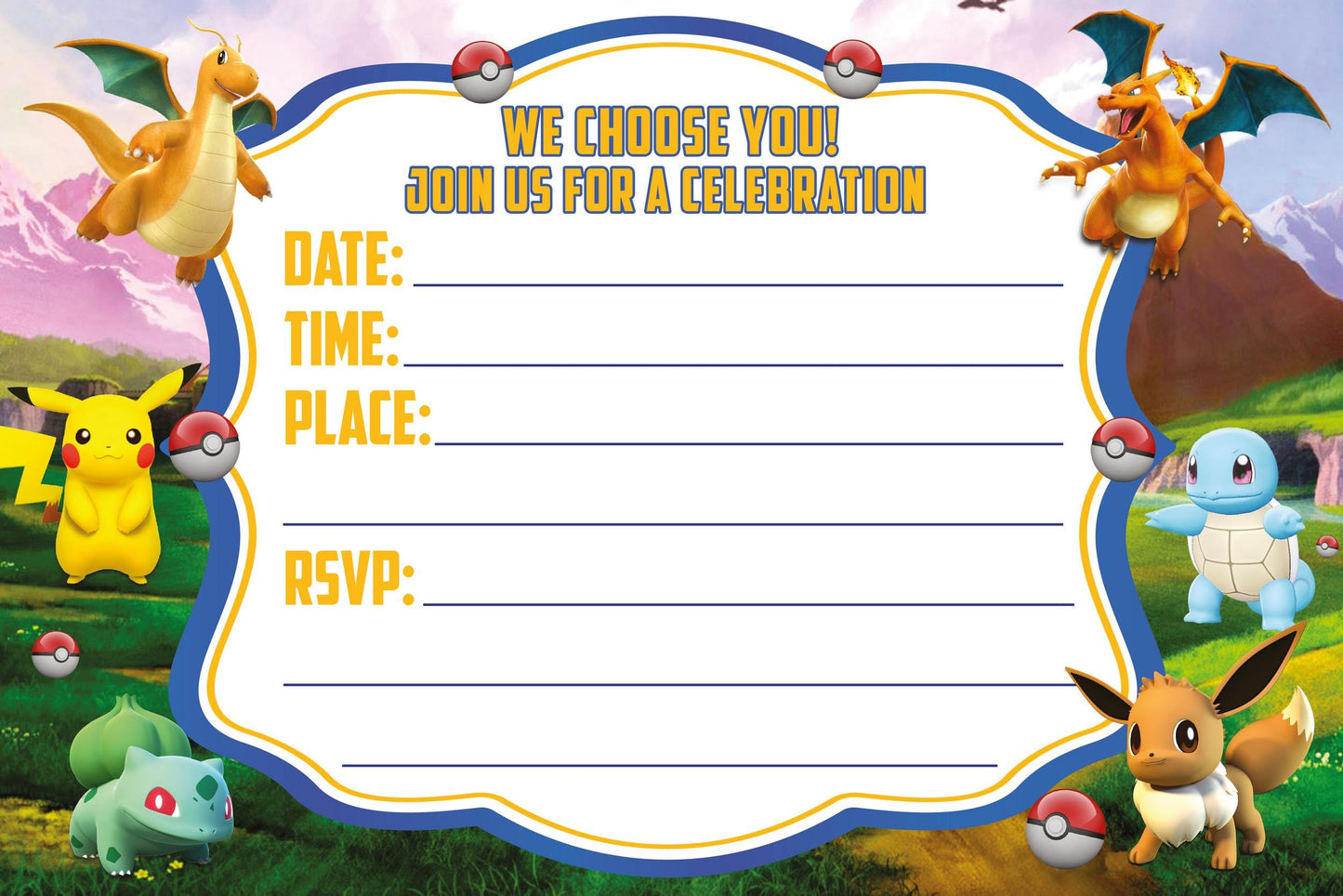 Set of 20 Pokemon Birthday Invitation Cards & Envelopes