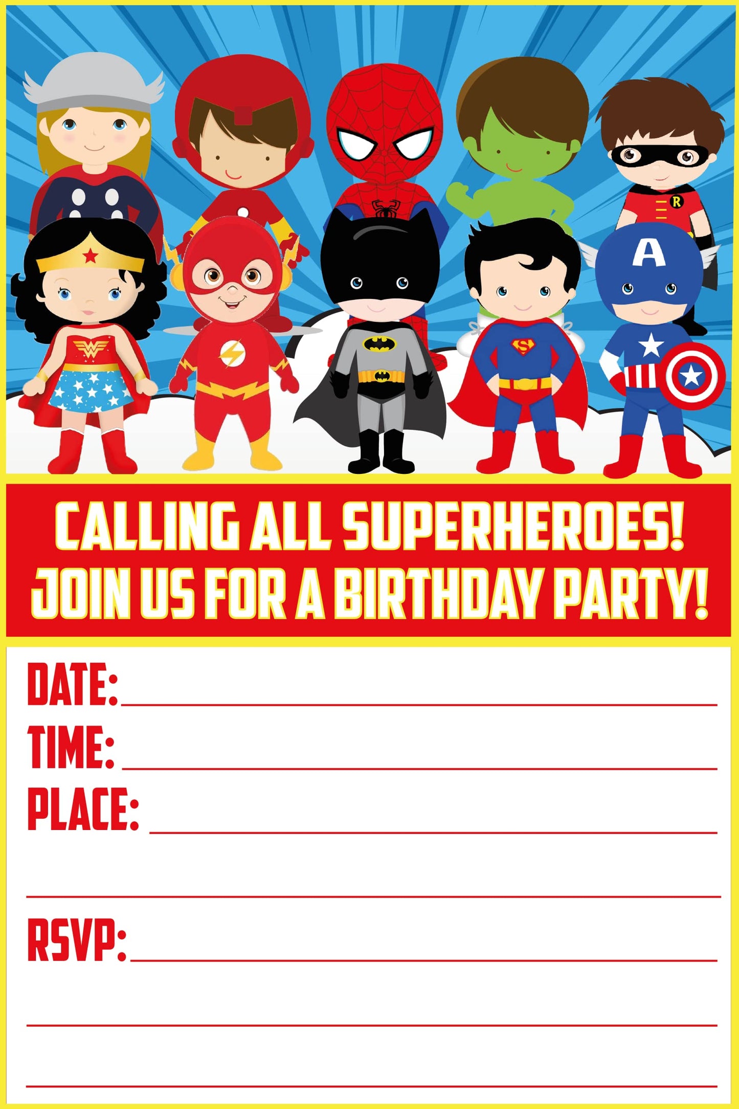 Set of 20 Super Hero Birthday Invitation Cards & Envelopes