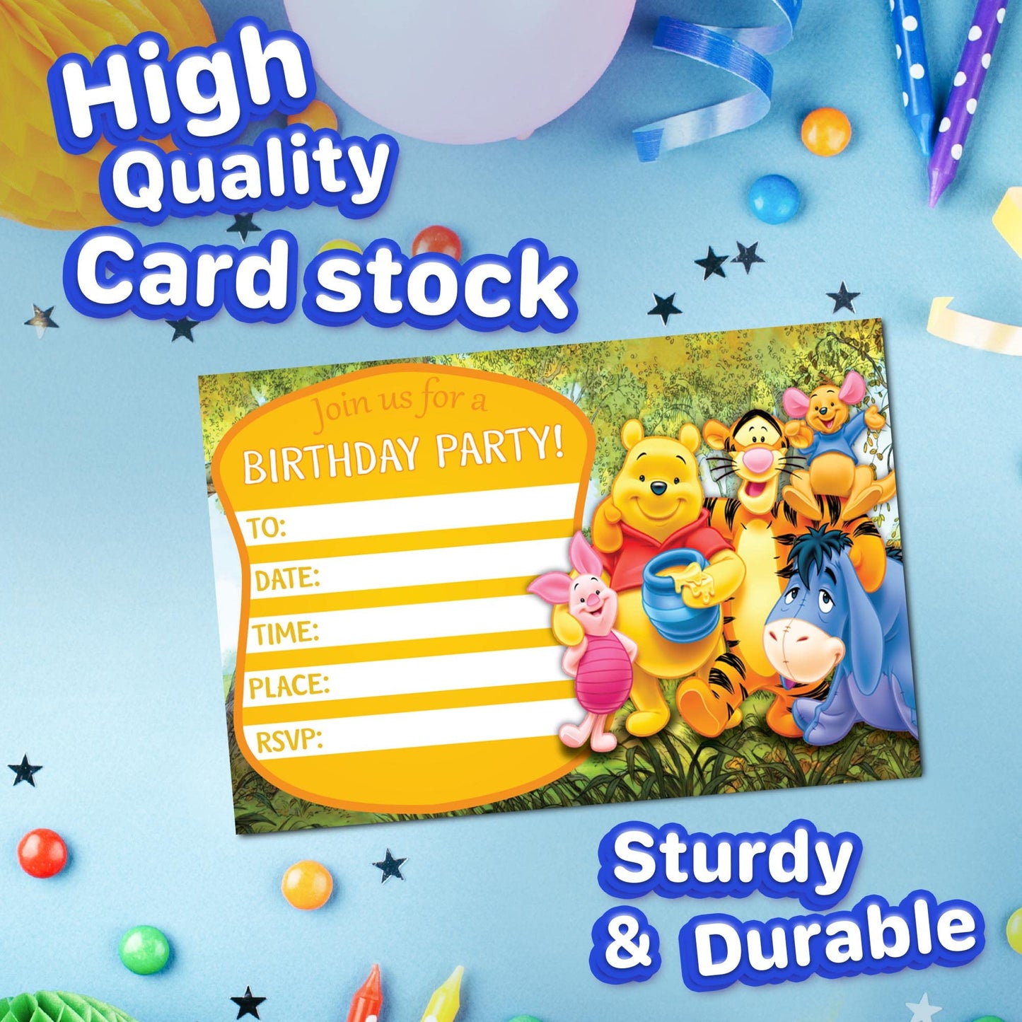 Set of 20 Winne The Pooh Birthday Invitation Cards & Envelopes