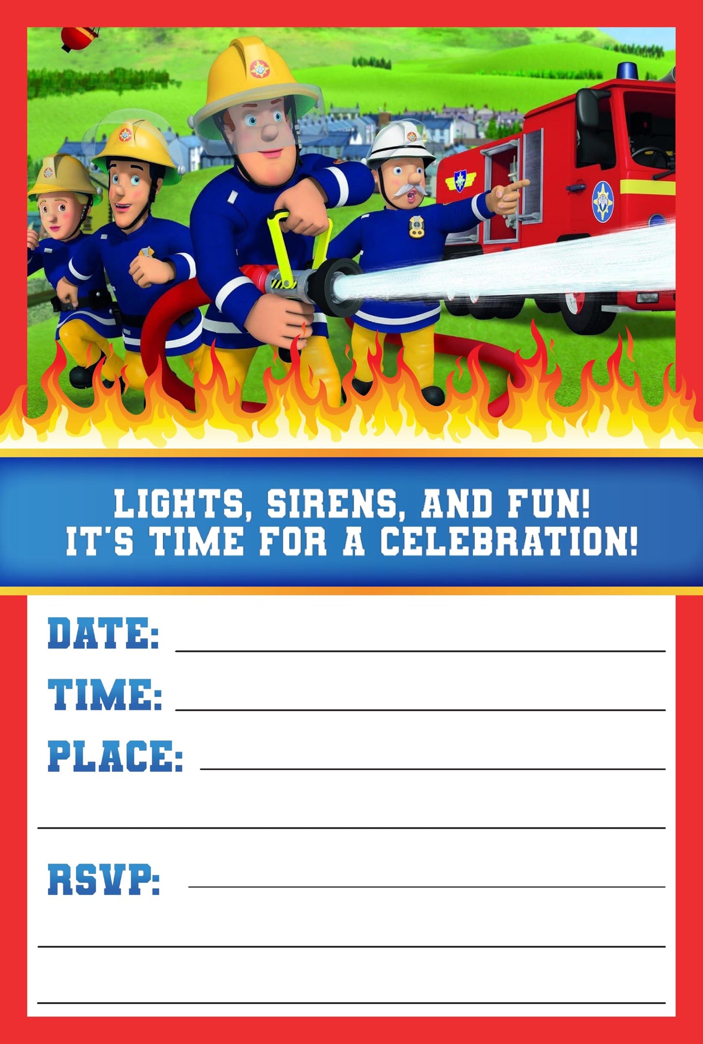 Set of 20 Fireman Sam Birthday Invitation Cards & Envelopes