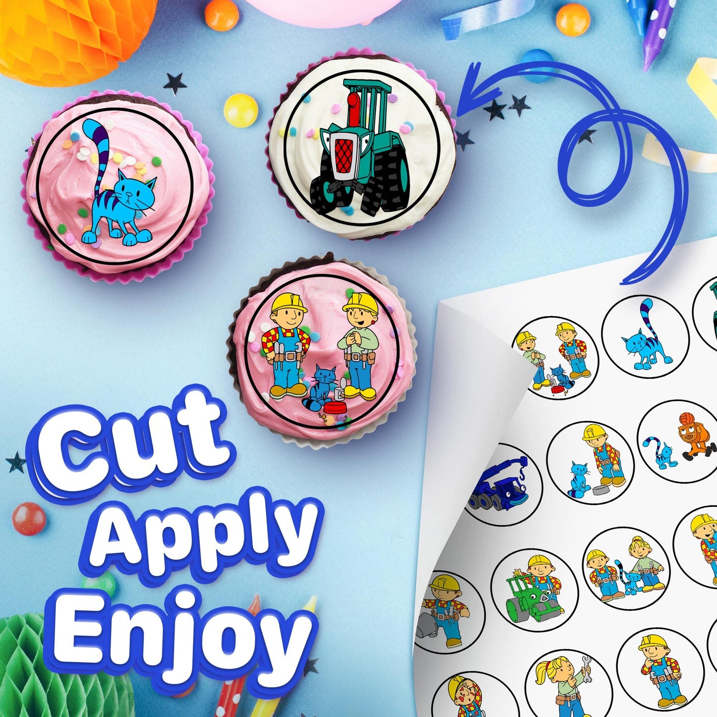 30x Wafer Paper Bob The Builder Edible Cupcake Topper