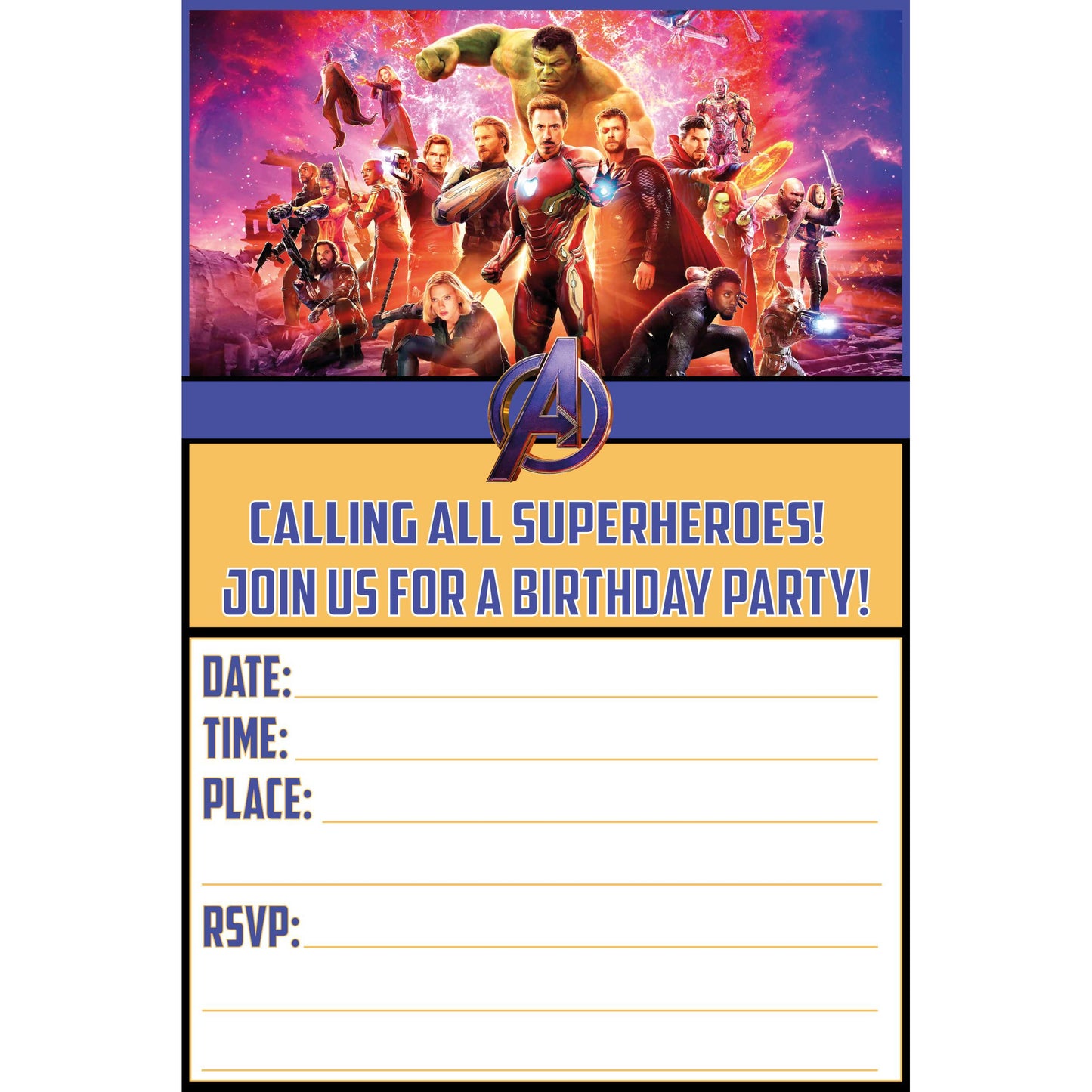 Set of 20 Avengers Birthday Invitation Cards & Envelopes