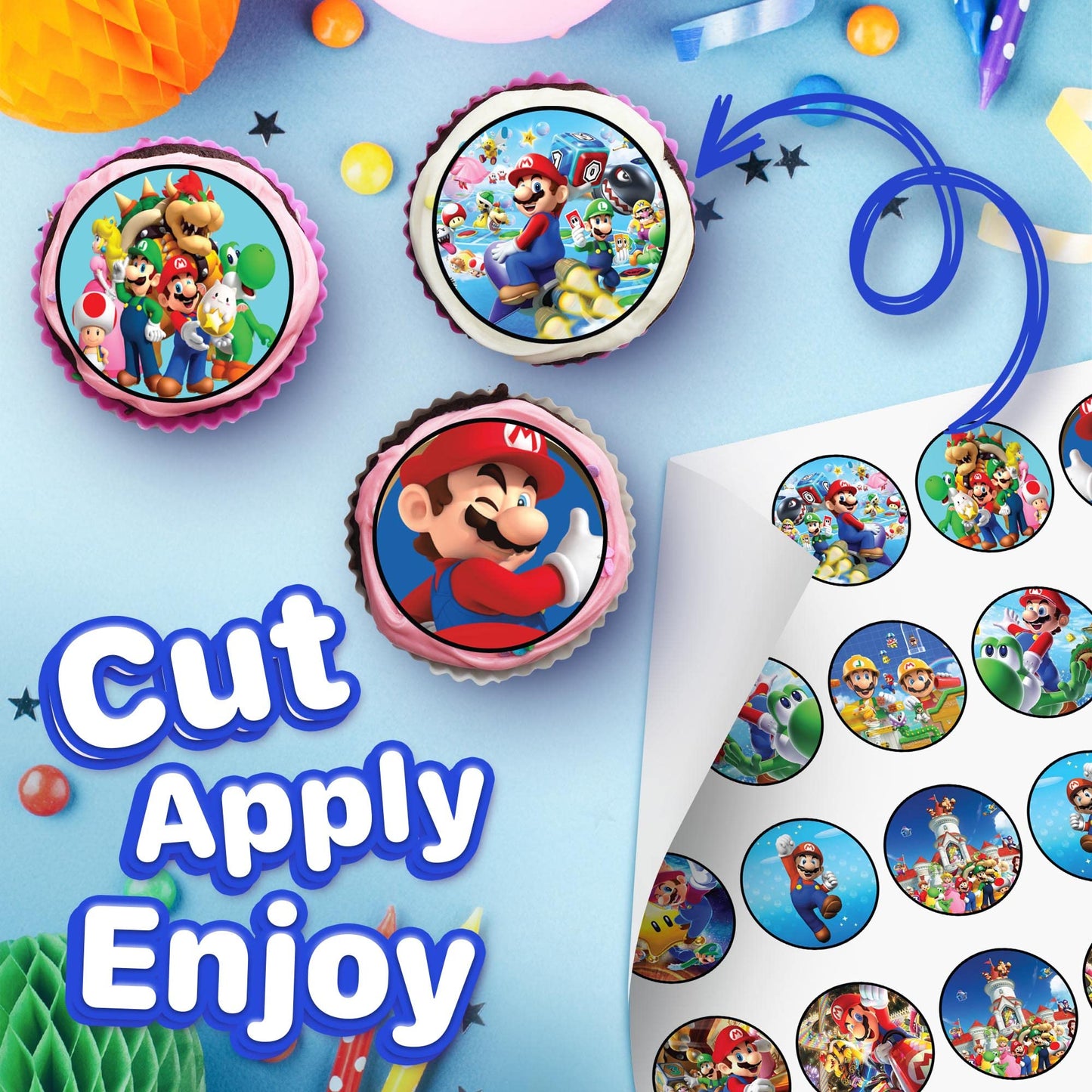 30x Wafer Paper super mario Edible Cupcake Topper
