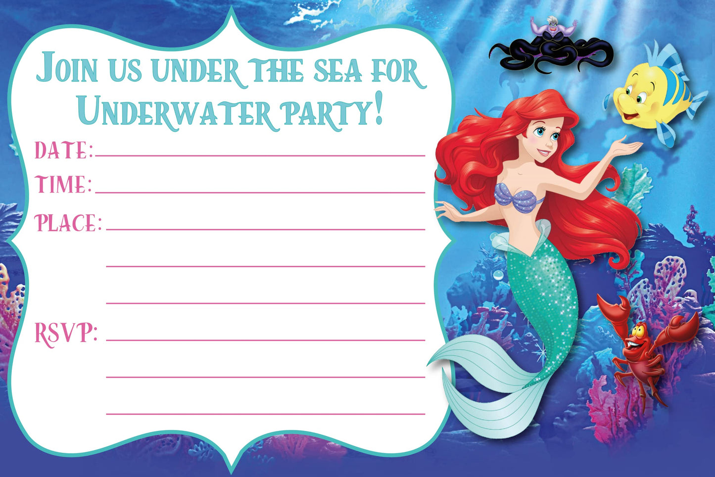 Set of 20 Little Mermaid Birthday Invitation Cards & Envelopes