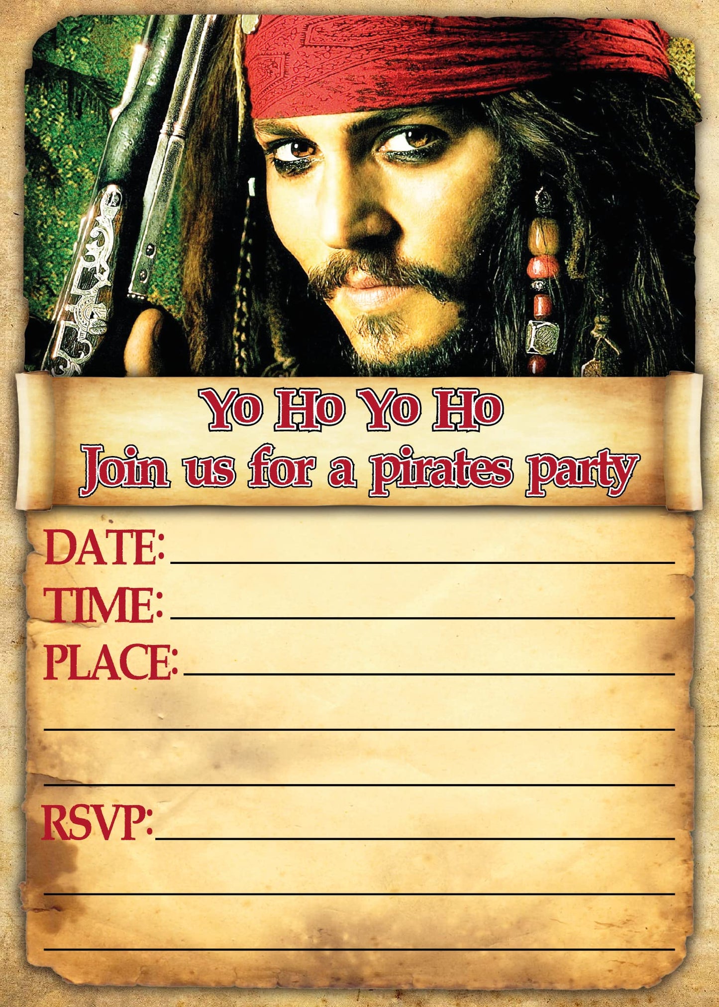 Set of 20 Pirates Of The Caribbean Birthday Invitation Cards & Envelopes