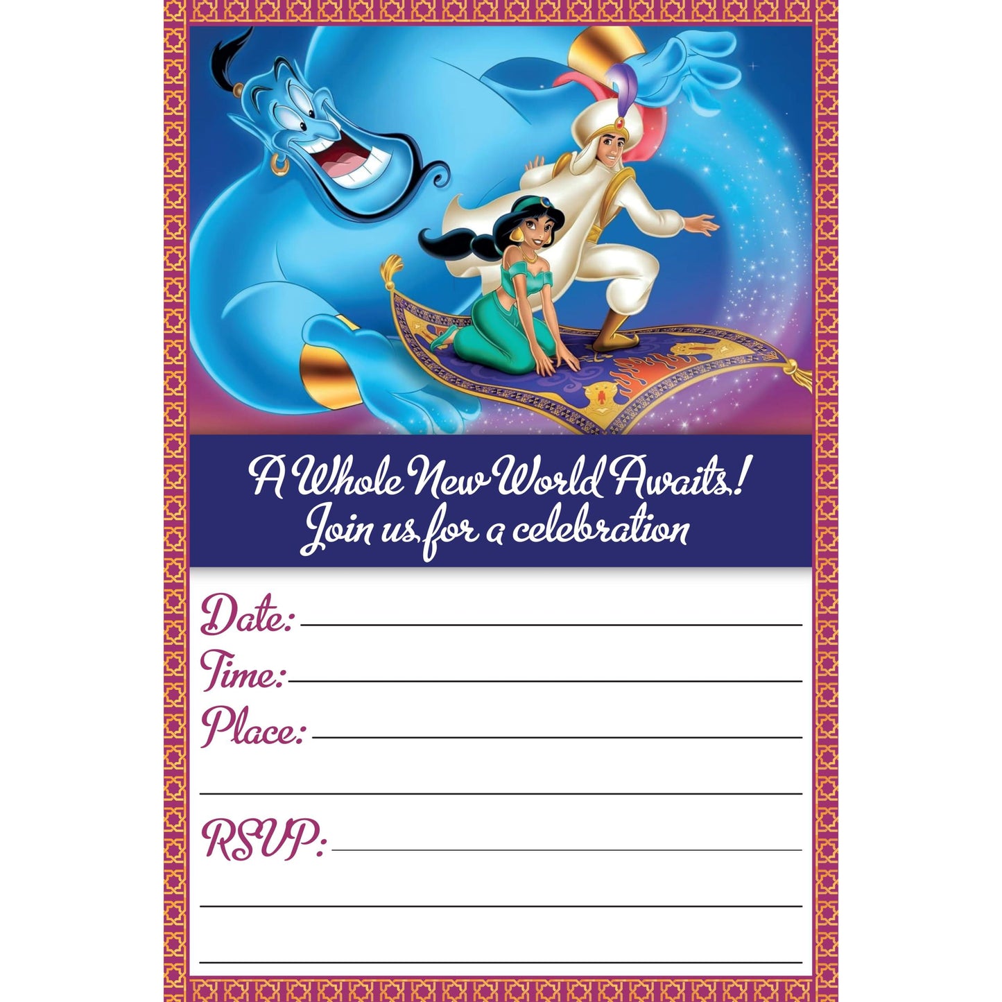 Set of 20 Aladdin Birthday Invitation Cards & Envelopes