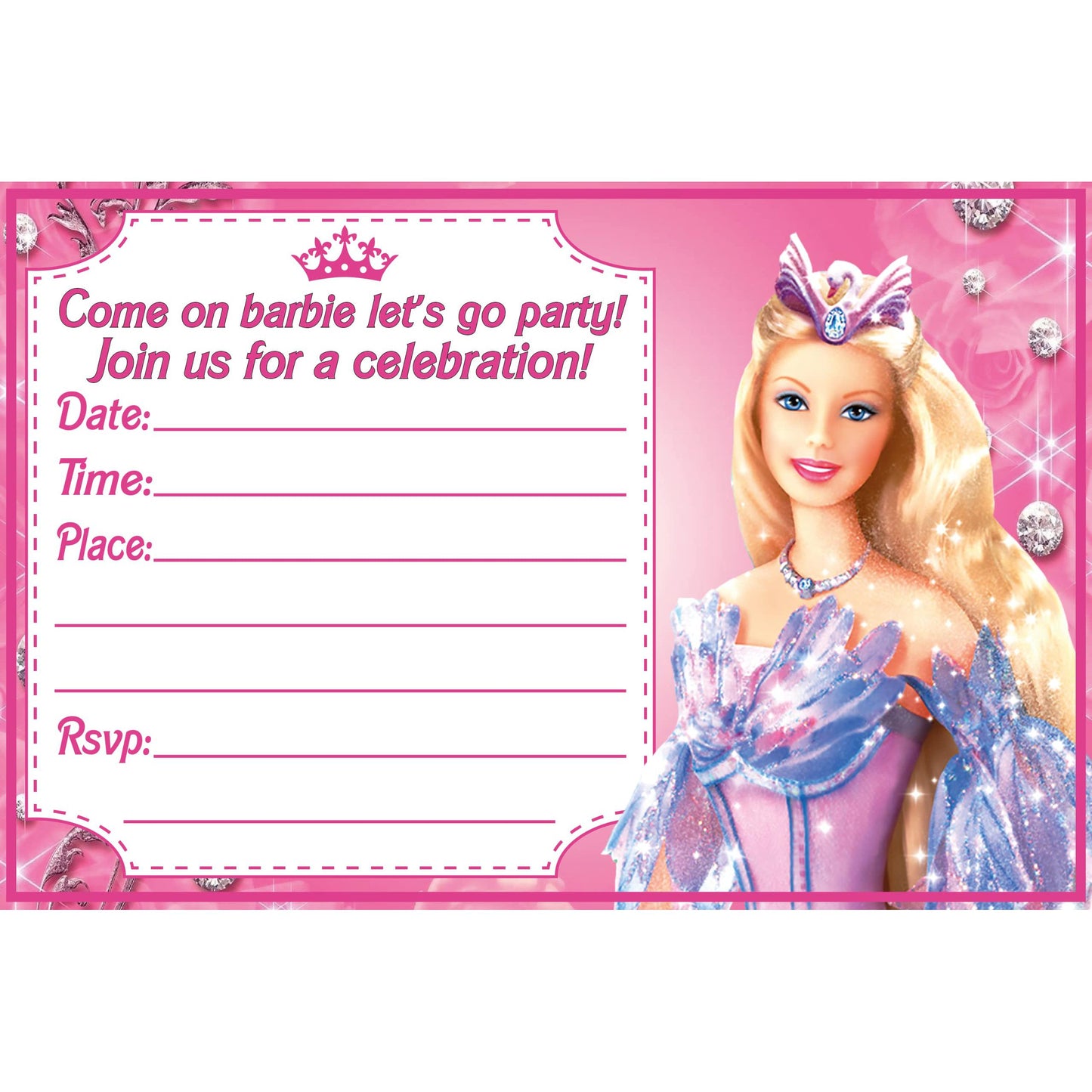 Set of 30 Barbie Birthday Invitation Cards & Envelopes