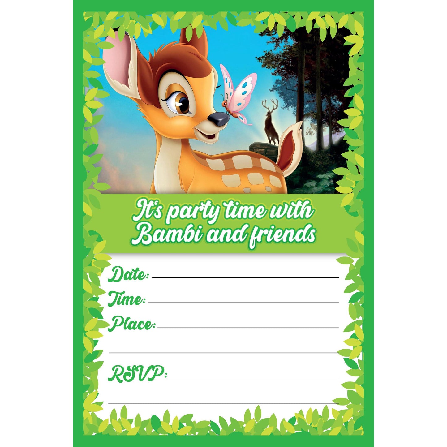 Set of 20 Bambi Birthday Invitation Cards & Envelopes