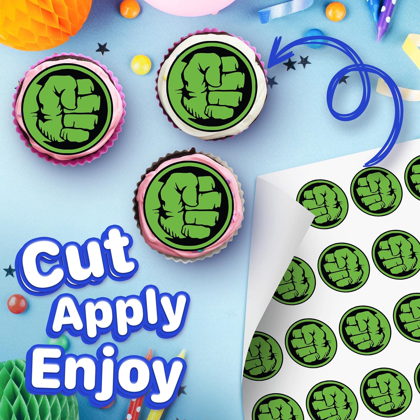 30x Wafer Paper Hulk Edible Cupcake Topper