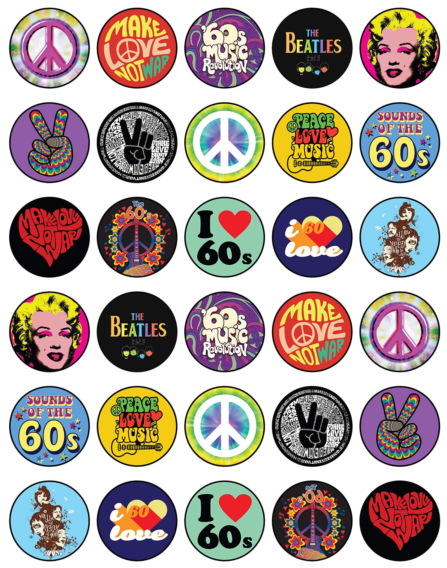 30x Wafer Paper 60 Retro Edible Cupcake Topper