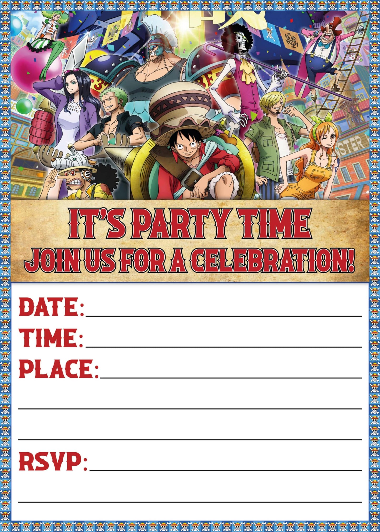 Set of 20 One Piece Birthday Invitation Cards & Envelopes