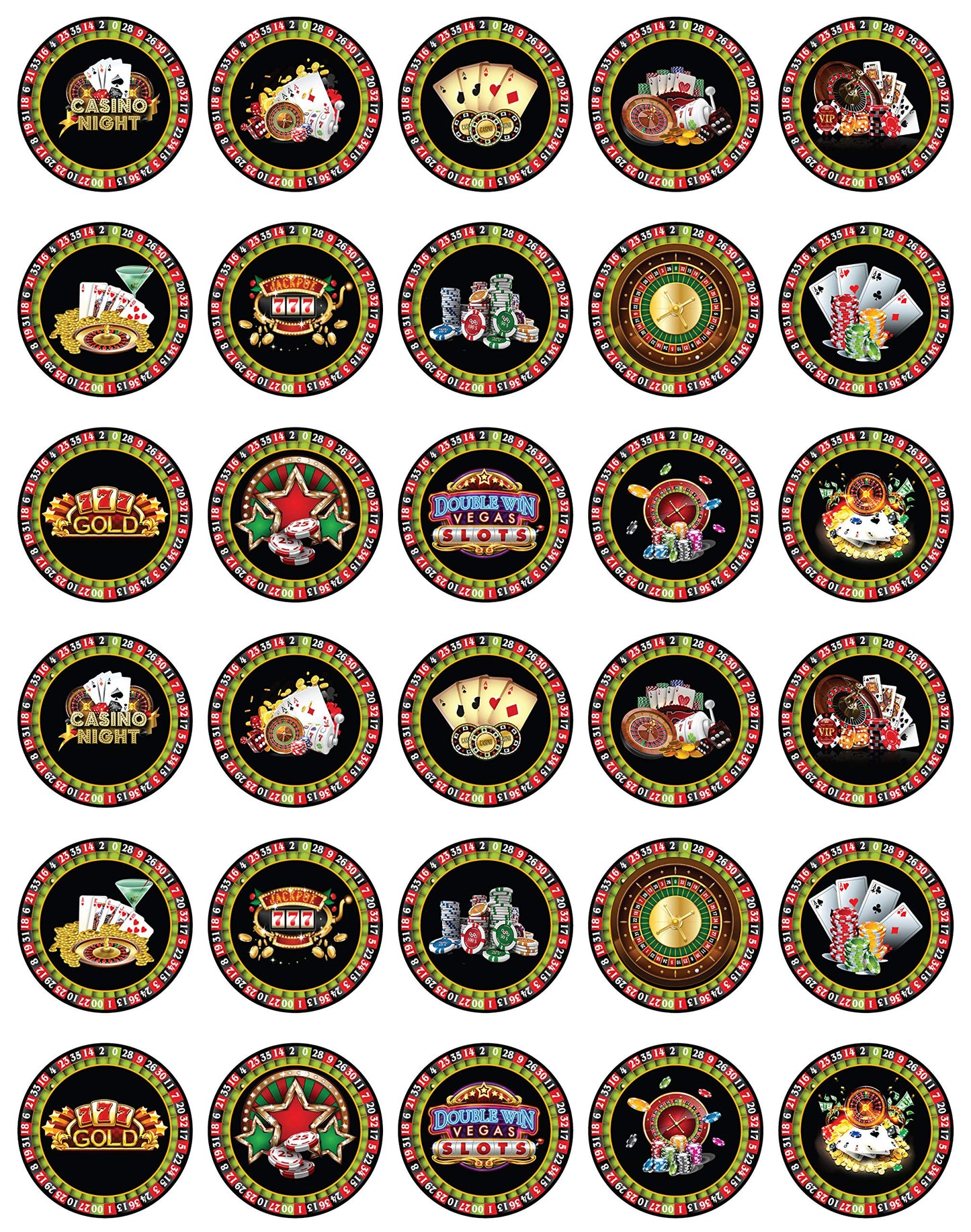 30x Wafer Paper Casino Edible Cupcake Topper