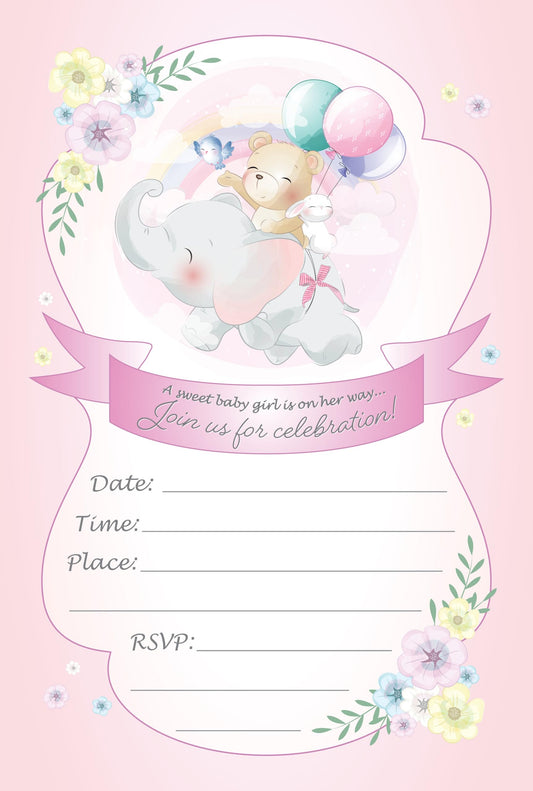 Set of 20 Baby Shower Girl Birthday Invitation Cards & Envelopes