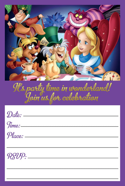 Set of 20 Alice in Wonderland Birthday Invitation Cards & Envelopes