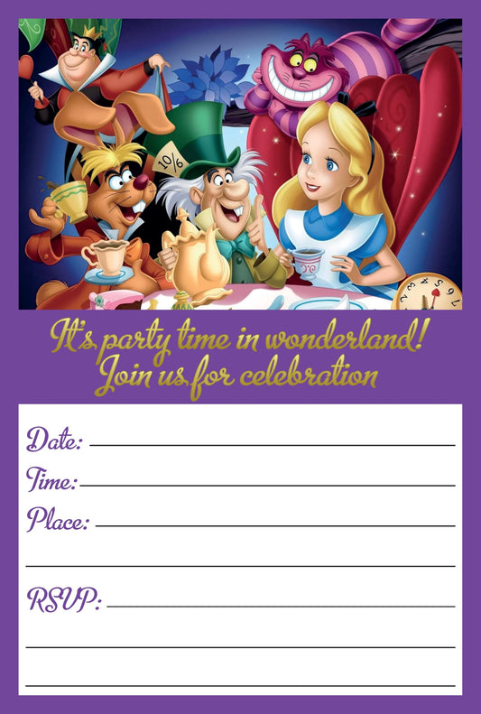 Set of 20 Alice in Wonderland Birthday Invitation Cards & Envelopes