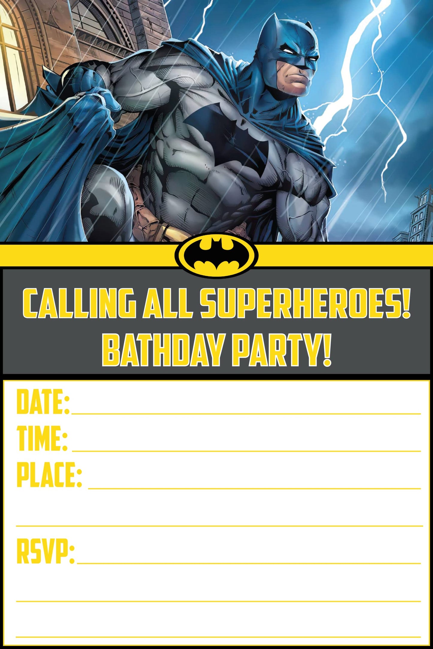 Set of 20 Batman Birthday Invitation Cards & Envelopes