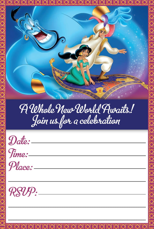 Set of 20 Aladdin Birthday Invitation Cards & Envelopes